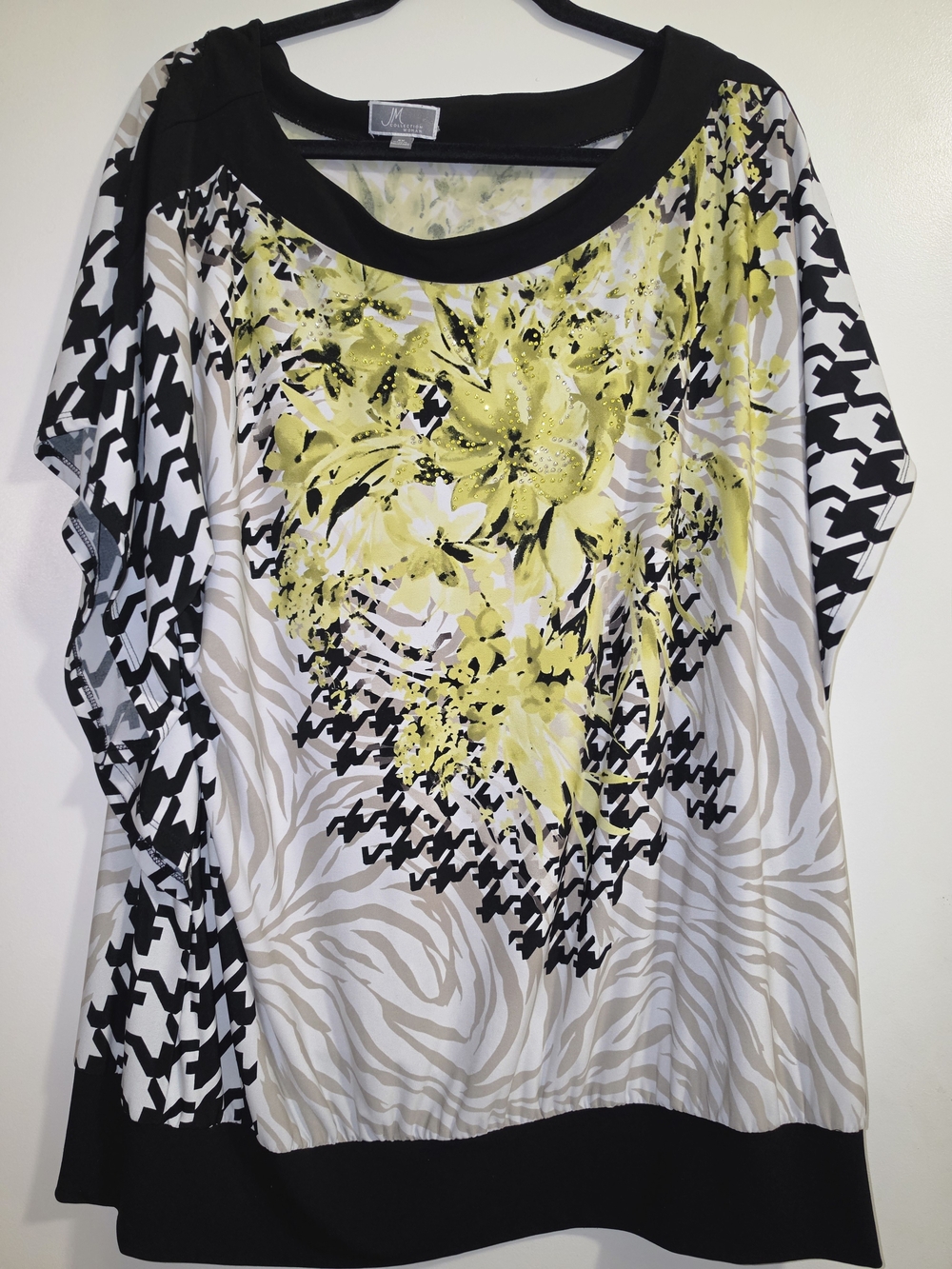 JM Collection Yellow Floral & Black-White Patterned Short Sleeve Top